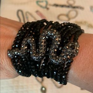 Black Crystal Stretch Bracelet with Snake Ornament